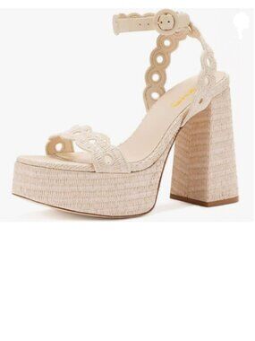 XYD Beige Platform Eyelets Open Toe High Heel Block Ankle Strap Sandal